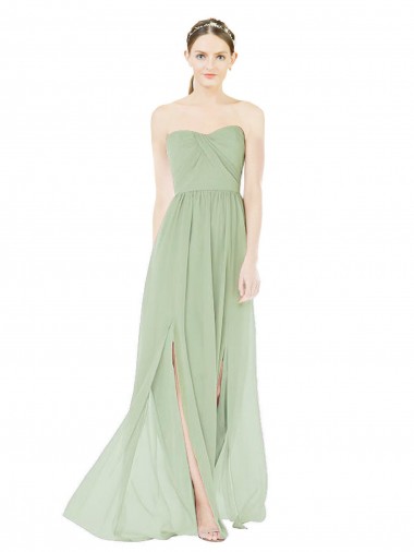 Sleeveless Strapless Soft Chiffon Sage Long Semi Formal Evening Dress Canada for Sale