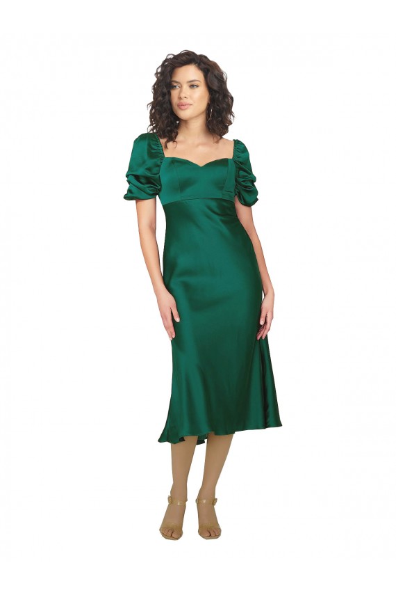 Short Sleeves Sweetheart Silky Satin Hunter Midi Length Formal Evening Dress Canada for Sale