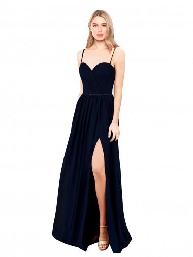Sleeveless Sweetheart Soft Chiffon Dark Navy Long Formal Evening Dress Canada for Sale