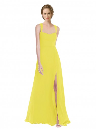 Sleeveless Sweetheart Soft Chiffon Yellow Long Semi Formal Evening Dress Canada for Sale