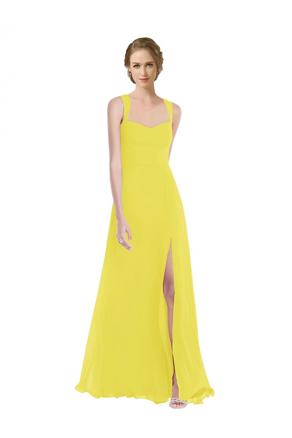 Sleeveless Sweetheart Soft Chiffon Yellow Long Semi Formal Evening Dress Canada for Sale