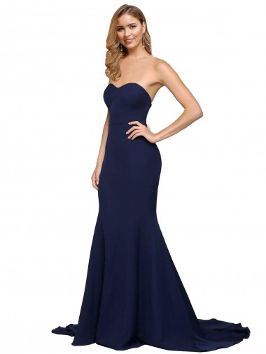Sleeveless Sweetheart Stretch Crepe Dark Navy Sweep Train Formal Evening Dress Canada for Sale