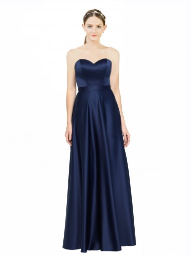 Sleeveless Sweetheart Stretch Satin Dark Navy Long Black Tie Evening Dress Canada for Sale