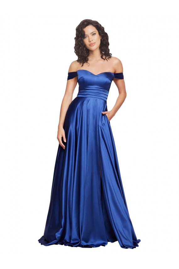 Sleeveless Sweetheart Stretch Satin Royal Blue Sweep Train Formal Evening Dress Canada for Sale