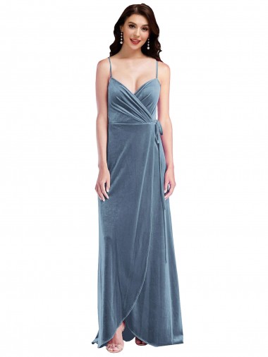 Sleeveless Sweetheart Stretch Velvet Dusty Blue Long Semi Formal Evening Dress Canada for Sale