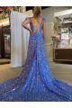 Sleeveless V-Neck Velvet Sequin Court Train Evening Dress Canada for Sale