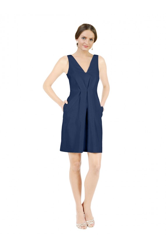 Sleeveless V-Neck Satin Dark Navy Knee Length Evening Dress Canada for Sale