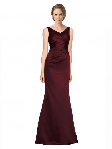 Sleeveless V-Neck Satin Burgundy Long Black Tie Evening Dress Canada for Sale