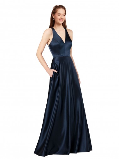 Sleeveless V-Neck Satin Dark Navy Long Formal Evening Dress Canada for Sale