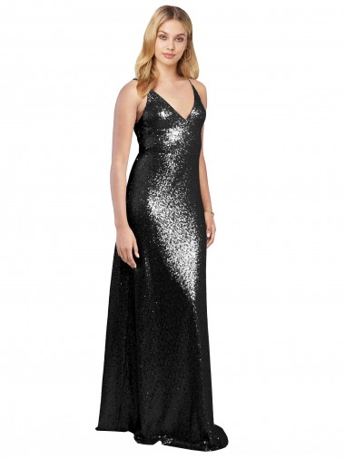 Sleeveless V-Neck Sequin Black Long Formal Evening Dress Canada for Sale