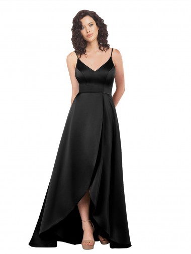 Sleeveless V-Neck Silky Satin Black Long High Low Evening Dress Canada for Sale