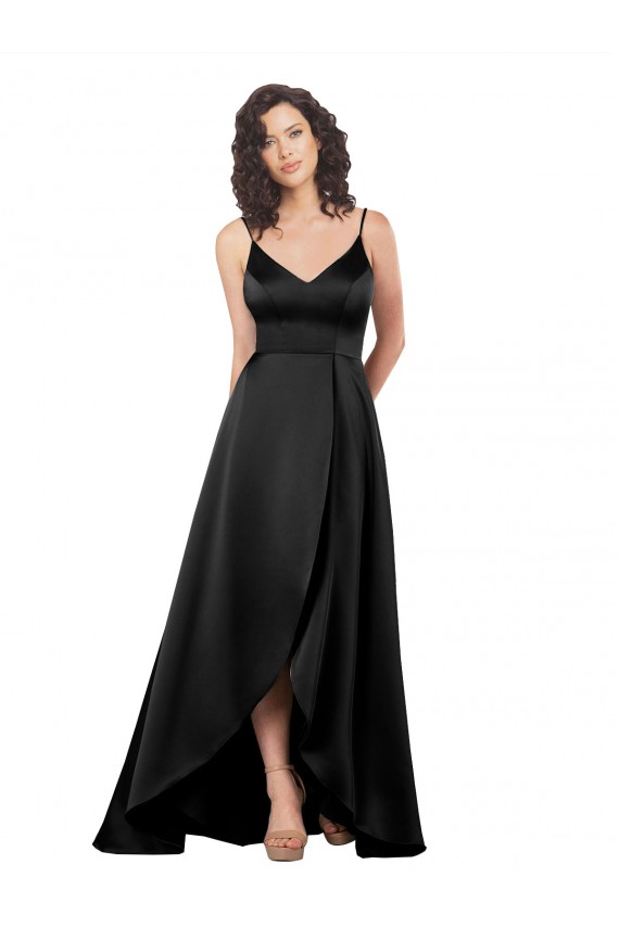 Sleeveless V-Neck Silky Satin Black Long High Low Evening Dress Canada for Sale