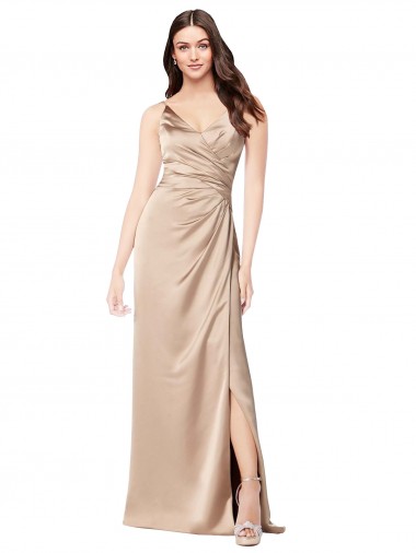Sleeveless V-Neck Silky Satin Champagne Pink Long Formal Evening Dress Canada for Sale