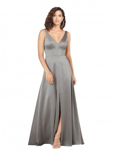 Sleeveless V-Neck Silky Satin Pearl Grey Long Formal Evening Dress Canada for Sale