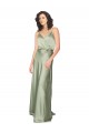 Sleeveless V-Neck Silky Satin Smoke Green Long Formal Evening Dress Canada for Sale