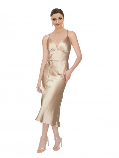 Sleeveless V-Neck Silky Satin Midi Length Formal Evening Dress Canada for Sale