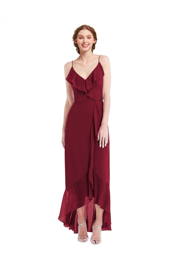 Sleeveless V-Neck Soft Chiffon Burgundy Long High Low Evening Dress Canada for Sale