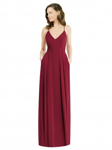 Sleeveless V-Neck Soft Chiffon Burgundy Long Semi Formal Evening Dress Canada for Sale