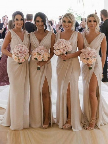 Sleeveless V-Neck Soft Chiffon Champagne Long Evening Dress Canada for Sale