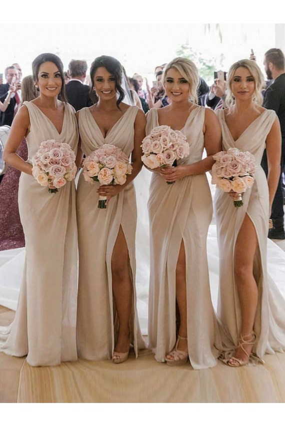 Sleeveless V-Neck Soft Chiffon Champagne Long Evening Dress Canada for Sale