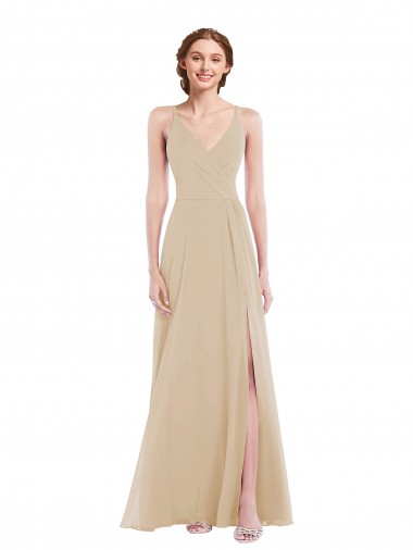Sleeveless V-Neck Soft Chiffon Champagne Long Semi Formal Evening Dress Canada for Sale