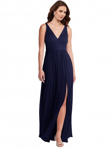 Sleeveless V-Neck Soft Chiffon Dark Navy Long Black Tie Evening Dress Canada for Sale