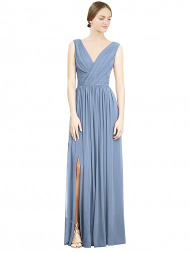 Sleeveless V-Neck Soft Chiffon Dusty Blue Long Semi Formal Evening Dress Canada for Sale