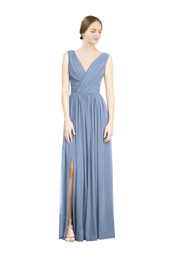 Sleeveless V-Neck Soft Chiffon Dusty Blue Long Semi Formal Evening Dress Canada for Sale