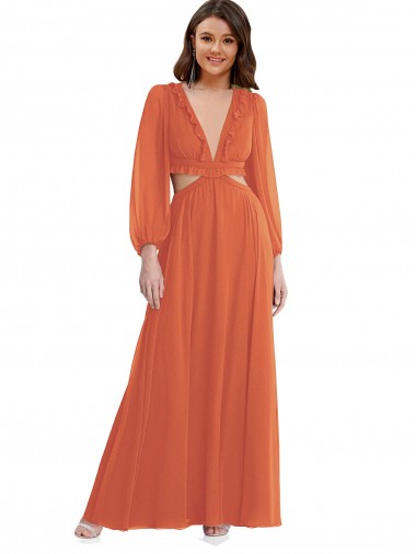 Long Sleeves V-Neck Soft Chiffon Firecracker Long High Low Evening Dress Canada for Sale