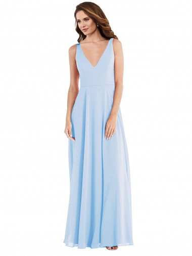 Sleeveless V-Neck Soft Chiffon Light Sky Blue Long Semi Formal Evening Dress Canada for Sale