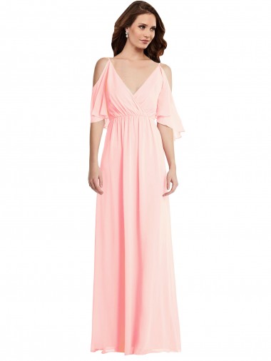 Cold Shoulder V-Neck Soft Chiffon Pink Long Semi Formal Evening Dress Canada for Sale