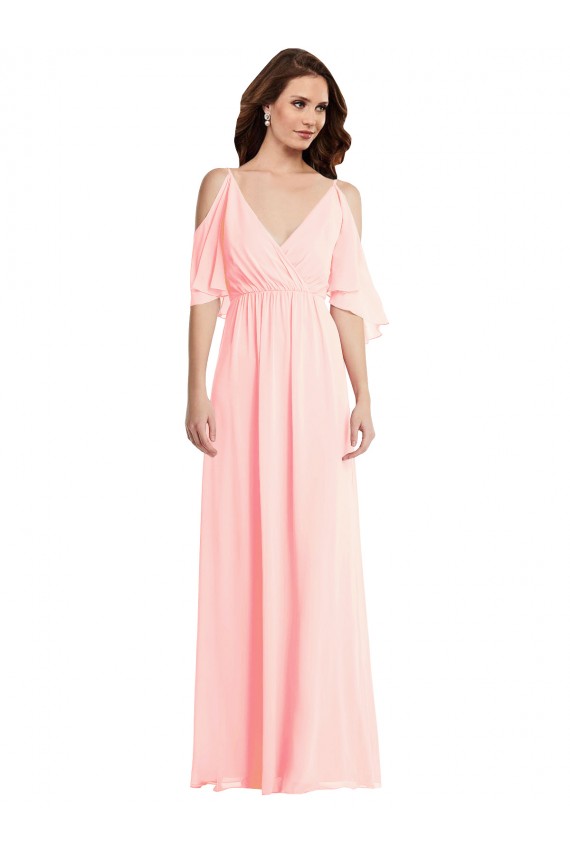 Cold Shoulder V-Neck Soft Chiffon Pink Long Semi Formal Evening Dress Canada for Sale