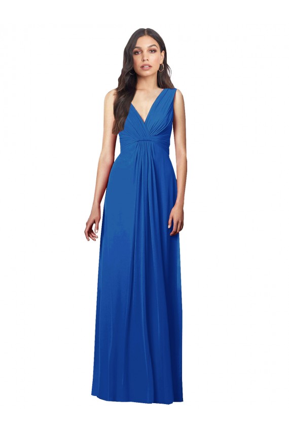 Sleeveless V-Neck Soft Chiffon Royal Blue Long Semi Formal Evening Dress Canada for Sale