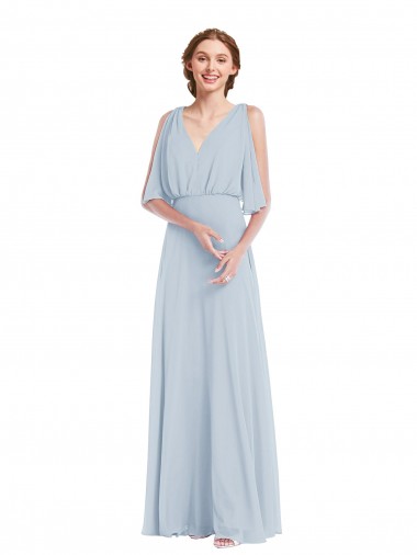 Half Sleeves V-Neck Soft Chiffon Sea Glass Long Evening Dress Canada for Sale