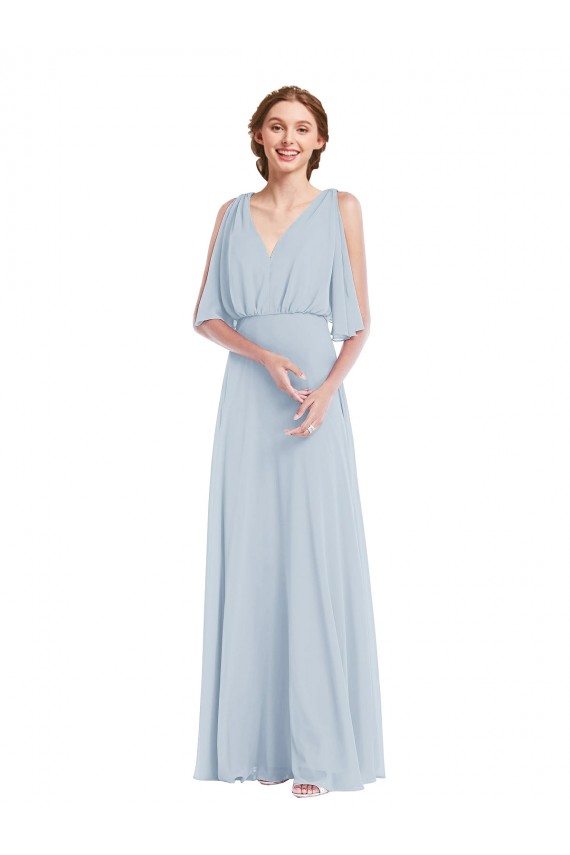 Half Sleeves V-Neck Soft Chiffon Sea Glass Long Evening Dress Canada for Sale