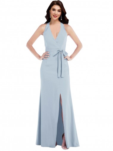 Sleeveless V-Neck Stretch Crepe Light Sky Blue Long Formal Evening Dress Canada for Sale