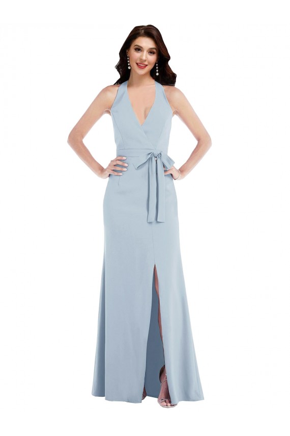 Sleeveless V-Neck Stretch Crepe Light Sky Blue Long Formal Evening Dress Canada for Sale