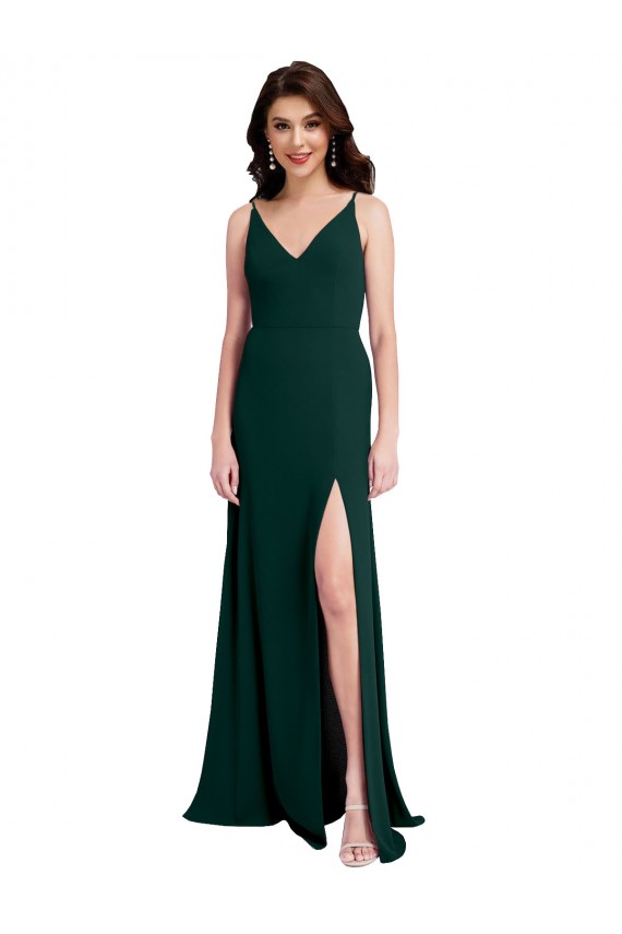 Sleeveless V-Neck Stretch Crepe Midnight Green Long Formal Evening Dress Canada for Sale