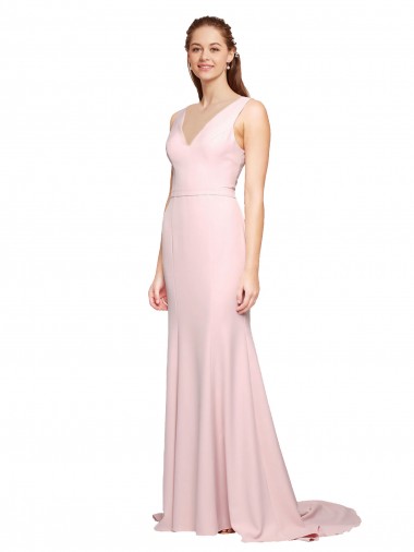 Sleeveless V-Neck Stretch Crepe Pink Sweep Train Black Tie Evening Gown Canada for Sale