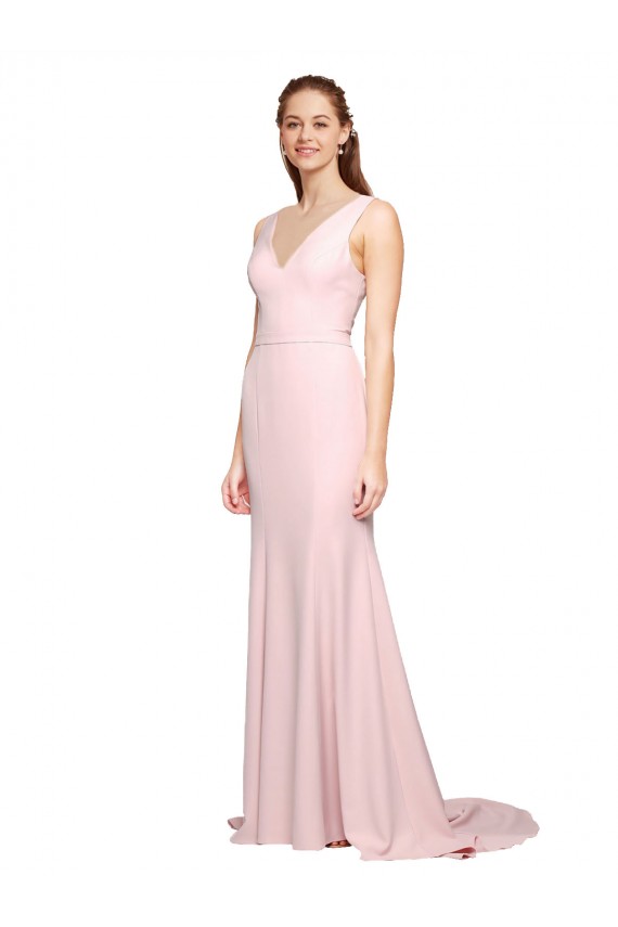 Sleeveless V-Neck Stretch Crepe Pink Sweep Train Black Tie Evening Gown Canada for Sale