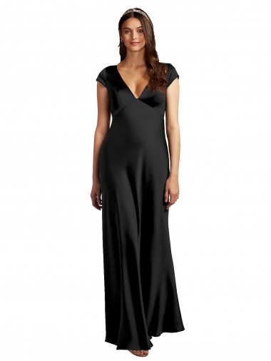 Cap Sleeves V-Neck Stretch Satin Black Long Formal Evening Dress Canada for Sale