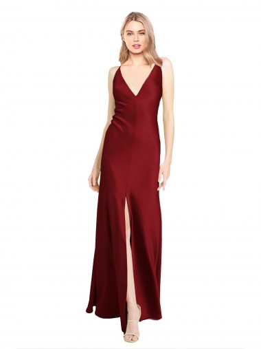 Sleeveless V-Neck Stretch Satin Burgundy Long Black Tie Evening Dress Canada for Sale