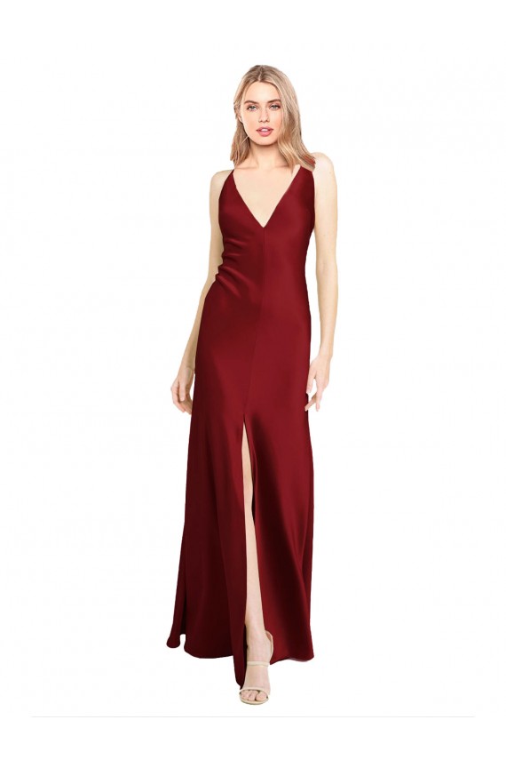 Sleeveless V-Neck Stretch Satin Burgundy Long Black Tie Evening Dress Canada for Sale
