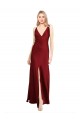 Sleeveless V-Neck Stretch Satin Burgundy Long Black Tie Evening Dress Canada for Sale
