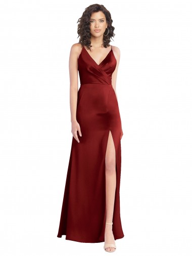 Sleeveless V-Neck Stretch Satin Burgundy Long Formal Dress Canada for Sale
