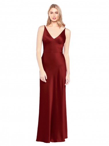 Sleeveless V-Neck Stretch Satin Burgundy Long Formal Evening Dress Canada for Sale