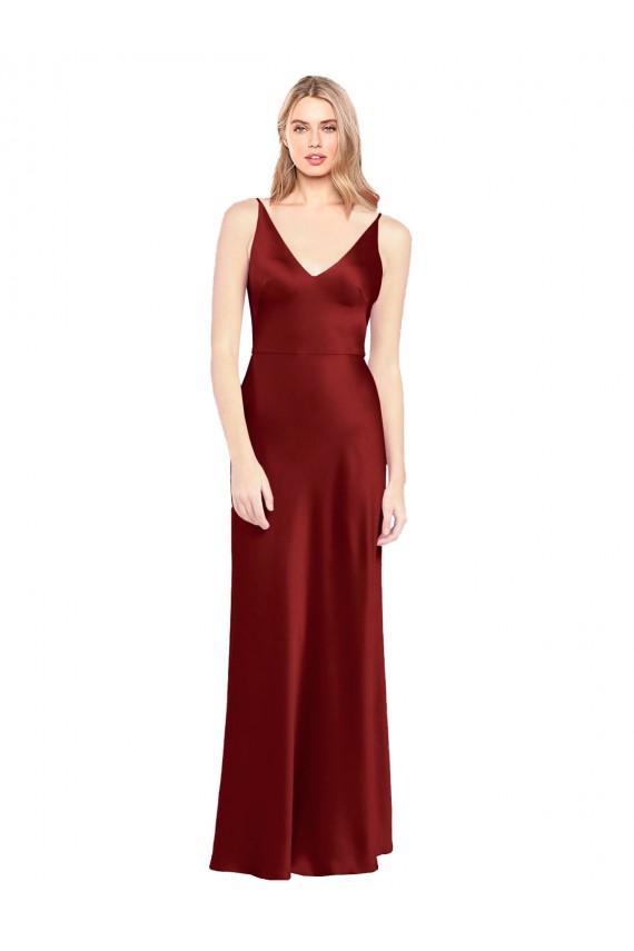 Sleeveless V-Neck Stretch Satin Burgundy Long Formal Evening Dress Canada for Sale