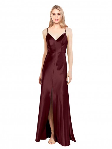 Sleeveless V-Neck Stretch Satin Burgundy Gold Long Evening Dress Canada for Sale