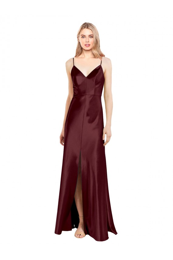 Sleeveless V-Neck Stretch Satin Burgundy Gold Long Evening Dress Canada for Sale
