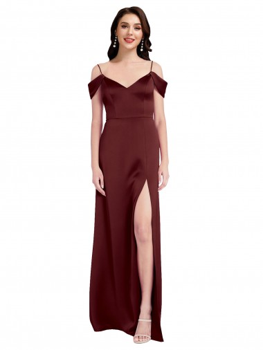 Sleeveless V-Neck Stretch Satin Burgundy Gold Long Formal Dress Canada for Sale